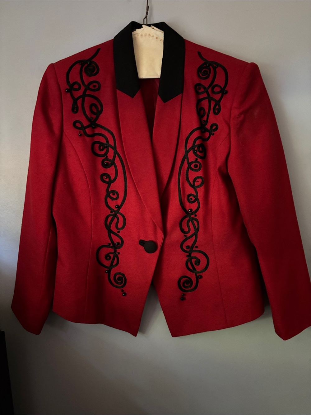 Vintage 80’s Women’s Red Embroidered Blazer Jacket with Black Trim